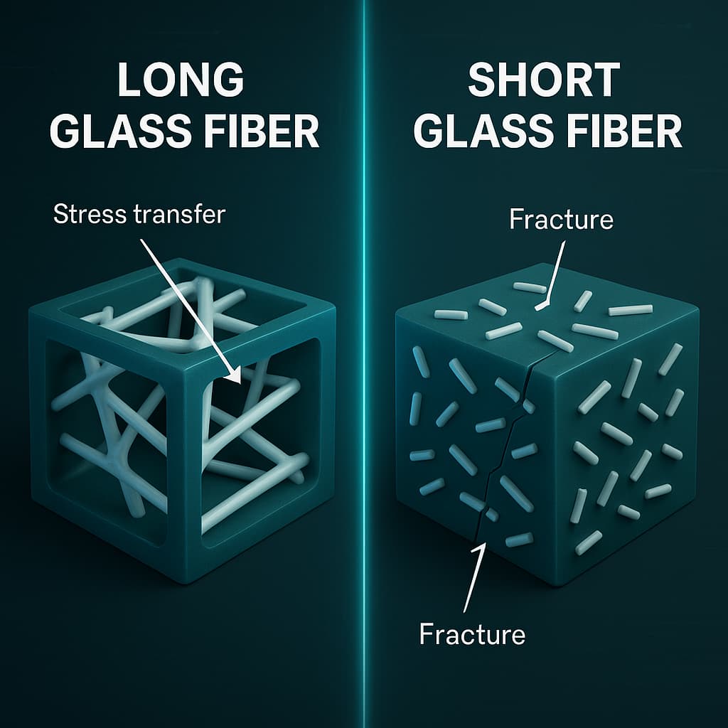 Nylon reforçado com fibra de vidro longa vs. fibra de vidro curta: uma comparação completa das diferenças mecânicas e de processamento