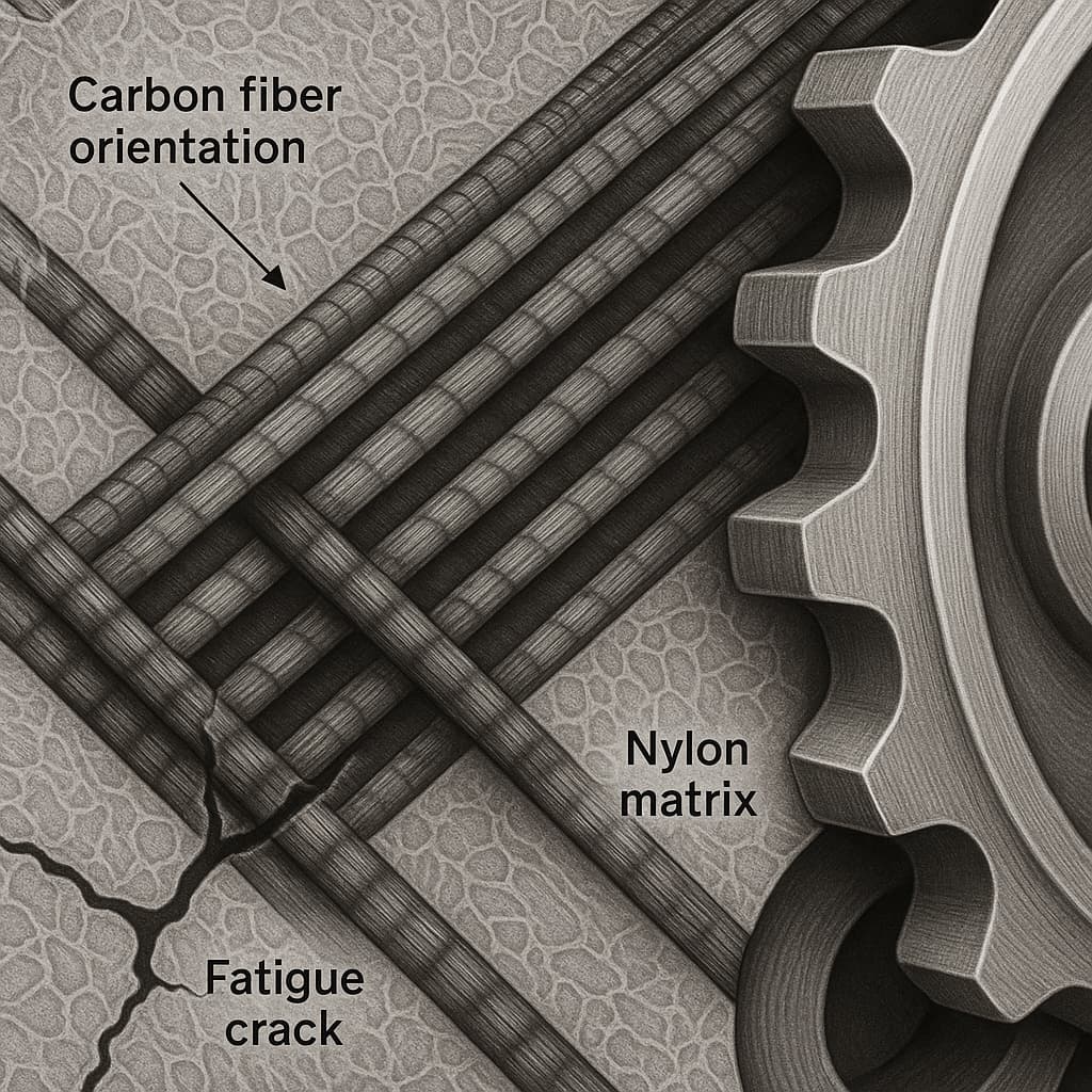 Métodos de avaliação da vida útil à fadiga de nylon reforçado com fibra de carbono em componentes de transmissão de potência mecânica.