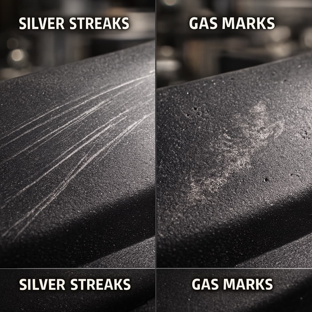 Análise de defeitos superficiais em nylon moldado por injeção: causas e soluções para estrias prateadas, marcas de gás e marcas de retração.