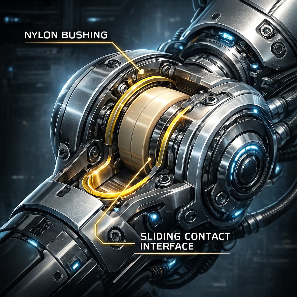 Análise do mecanismo de aplicação do náilon de alta resistência ao desgaste em juntas robóticas e componentes deslizantes.