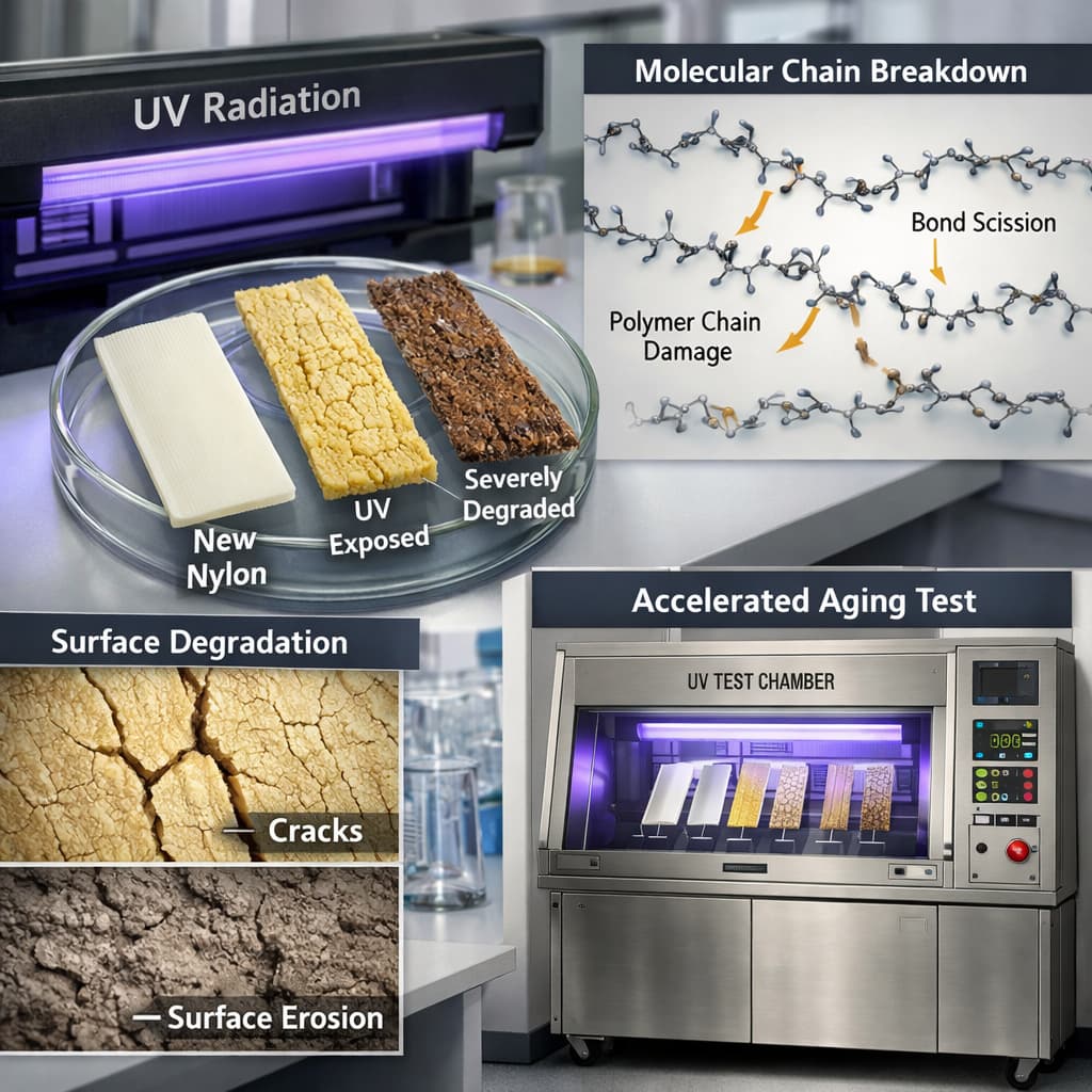 Testes de resistência às intempéries e modelo de envelhecimento por raios UV de materiais de nylon: como prever a vida útil em ambientes externos?