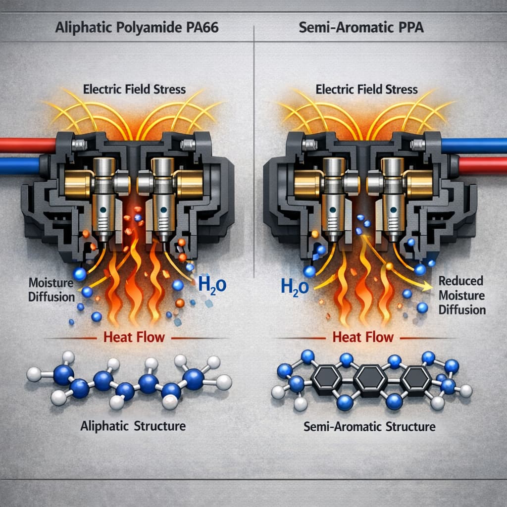 Por que o PA66 falha mais facilmente do que o PPA em certas aplicações elétricas de alta temperatura? Seção 2