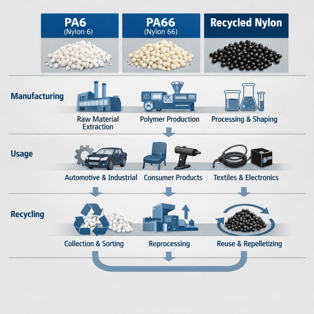 Modelo comparativo do custo do ciclo de vida para PA6, PA66 e Nylon 1 reciclado