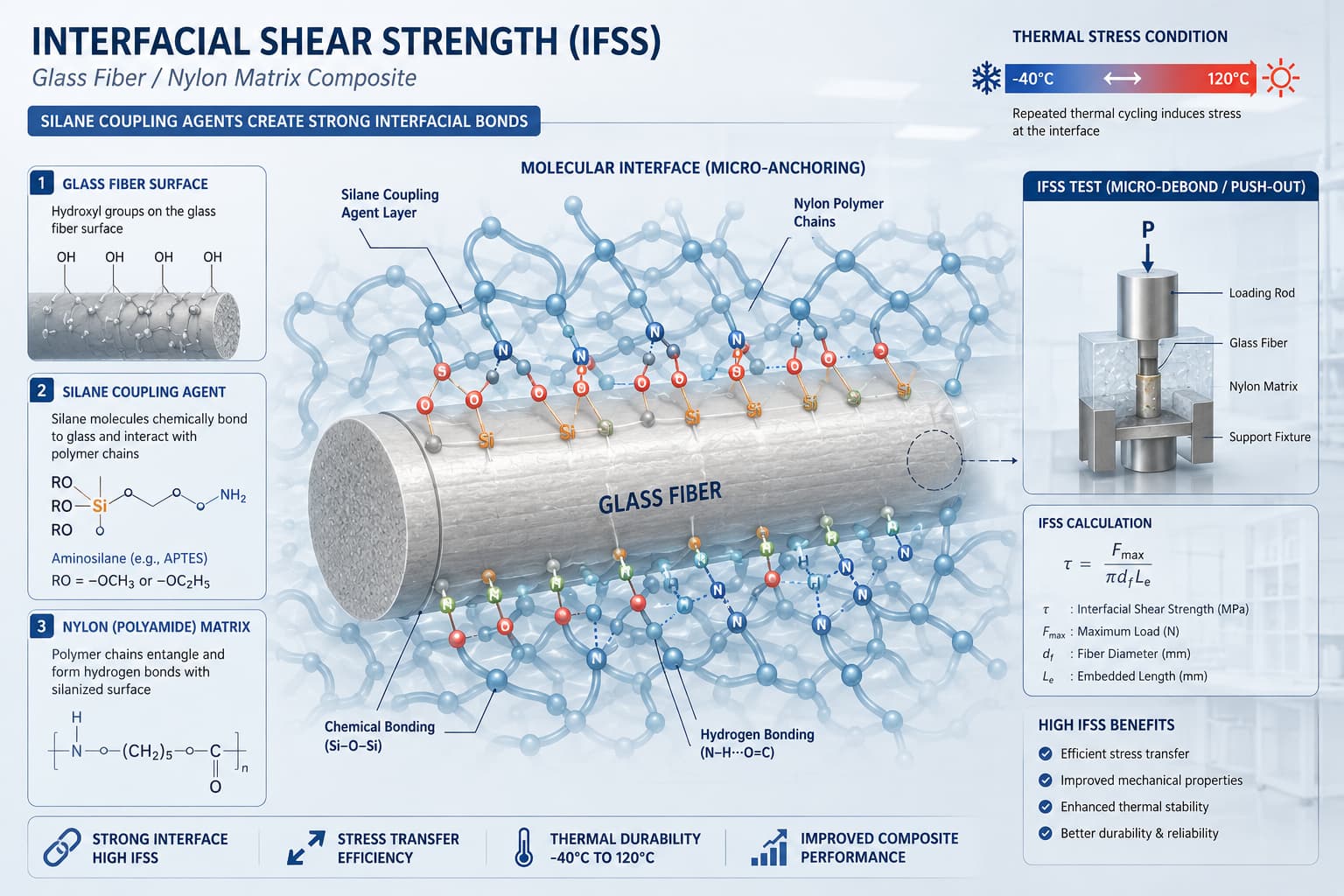 Interfacial shear strength chemical anchoring mechanism in fiberglass composite.